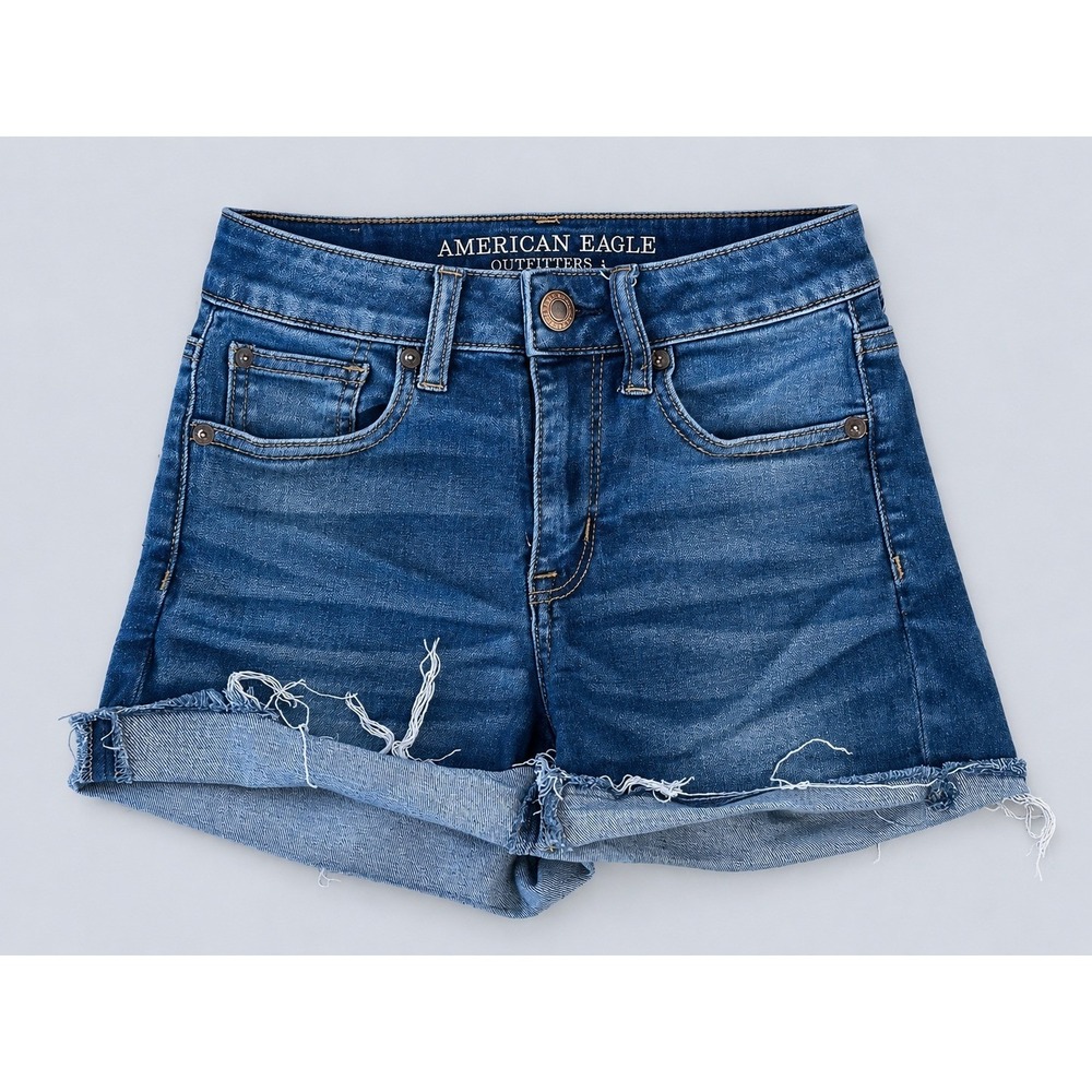 American Eagle Hi-Rise Shortie Women 0 Blue Excellent Frayed Raw Hem Stretch